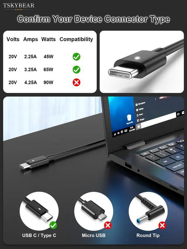 Alt view image 2 of 7 - 65W USB-C Laptop Charger Compatible with Dell Latitude 5420 5430 5520 5540 5400 7420 7430 7320 7410 7440 5530 5410, XPS 13 9360 9370 9380, Chromebook 3100 3110 3400 Type C Power Cord