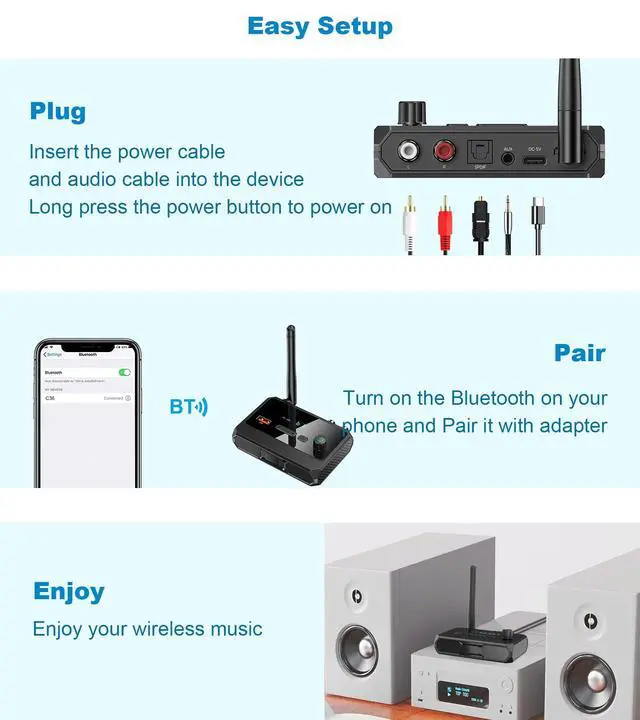 Alt view image 7 of 7 - Bluetooth 5.4 Receiver for Home Stereo, Optical Low Latency & HD Music Audio Bluetooth to RCA Adapter for Stereo/Speakers/Wired Speakers/Home Audio Music Streaming Stereo System, Support AUX/USB