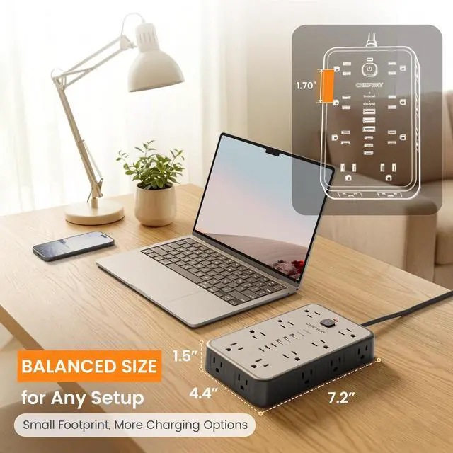 Alt view image 5 of 7 - Surge Protector Power Strip - 6Ft Flat Plug Extension Cord with 16 Widely Spaced Outlets & 6 USB Ports(3 USB C), 1875W/15A, 2400J, Desk USB Power Strip for Home Office Gaming Dorm Room Essentials