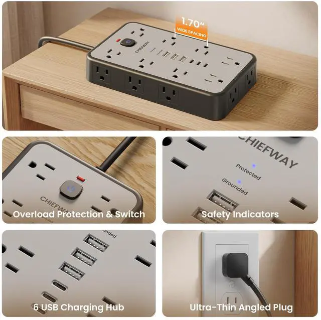 Alt view image 7 of 7 - Surge Protector Power Strip - 6Ft Flat Plug Extension Cord with 16 Widely Spaced Outlets & 6 USB Ports(3 USB C), 1875W/15A, 2400J, Desk USB Power Strip for Home Office Gaming Dorm Room Essentials