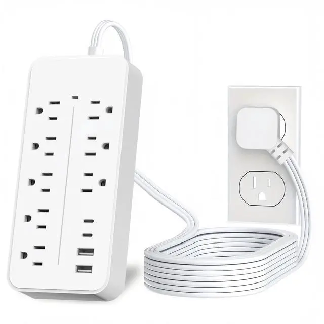 Main image of Flat Extension Cord Surge Protector Power Strip with 8 Outlets 4 USB, Flat Plug Extension Cord with Multiple Outlets, 3 Prong Outlet Extender for Indoor, Office Supplies, Dorm Room Essentials, White