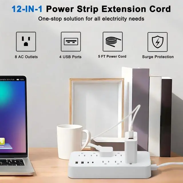 Alt view image 2 of 6 - Flat Extension Cord Surge Protector Power Strip with 8 Outlets 4 USB, Flat Plug Extension Cord with Multiple Outlets, 3 Prong Outlet Extender for Indoor, Office Supplies, Dorm Room Essentials, White