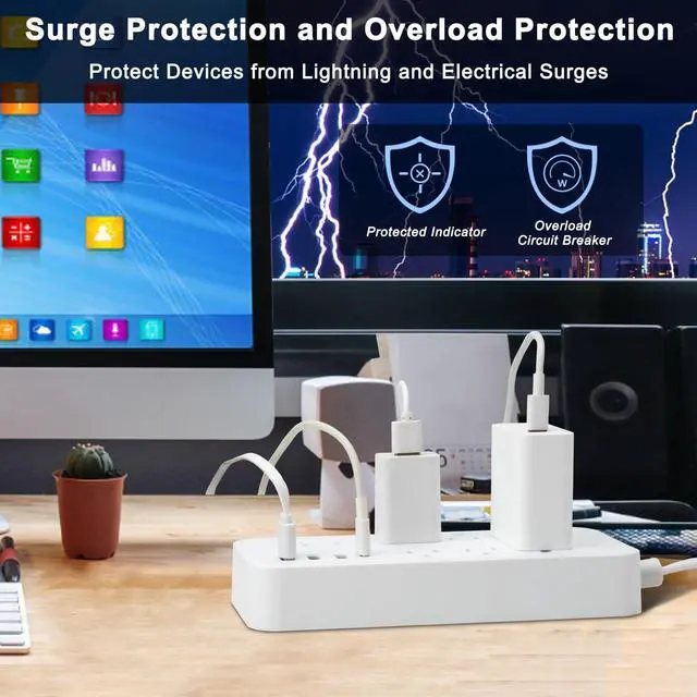 Alt view image 3 of 6 - Flat Extension Cord Surge Protector Power Strip with 8 Outlets 4 USB, Flat Plug Extension Cord with Multiple Outlets, 3 Prong Outlet Extender for Indoor, Office Supplies, Dorm Room Essentials, White