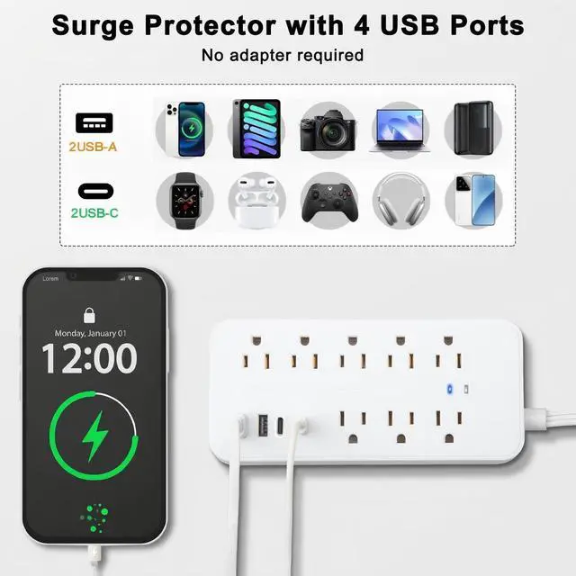Alt view image 6 of 6 - Flat Extension Cord Surge Protector Power Strip with 8 Outlets 4 USB, Flat Plug Extension Cord with Multiple Outlets, 3 Prong Outlet Extender for Indoor, Office Supplies, Dorm Room Essentials, White