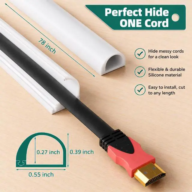 Alt view image 2 of 7 - Cord Hider Raceway Kit, 78 inch Wall Cable Hider for 1 Cable, Silicone Material Hiding Wall Mount TV Powers Cords in Home Office, W0.59 H0.39in White
