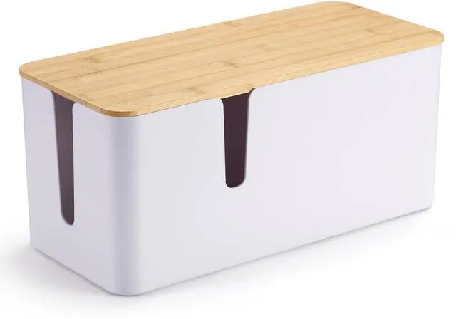 Main image of Bamboo Lid Cord Organizer Box, Safe ABS Cable Management Box for TV and Computer, Wood Cover Cord Hider to Hide Wires, Router, USB Hub & Under Desk Power Strip, 1 Pack L13.1 xW5.6 xH5.6 White