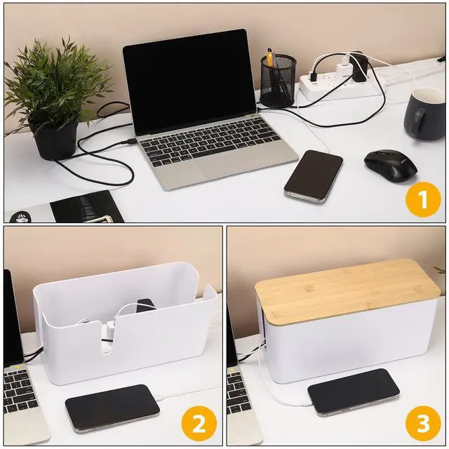 Alt view image 2 of 7 - Bamboo Lid Cord Organizer Box, Safe ABS Cable Management Box for TV and Computer, Wood Cover Cord Hider to Hide Wires, Router, USB Hub & Under Desk Power Strip, 1 Pack L13.1 xW5.6 xH5.6 White
