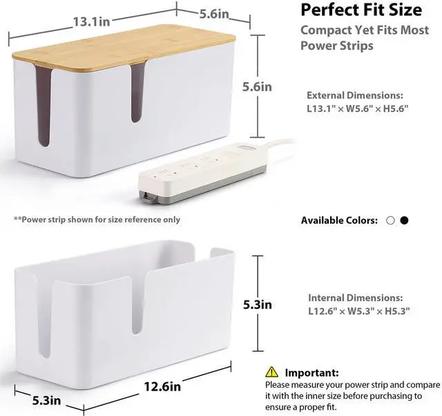 Alt view image 3 of 7 - Bamboo Lid Cord Organizer Box, Safe ABS Cable Management Box for TV and Computer, Wood Cover Cord Hider to Hide Wires, Router, USB Hub & Under Desk Power Strip, 1 Pack L13.1 xW5.6 xH5.6 White