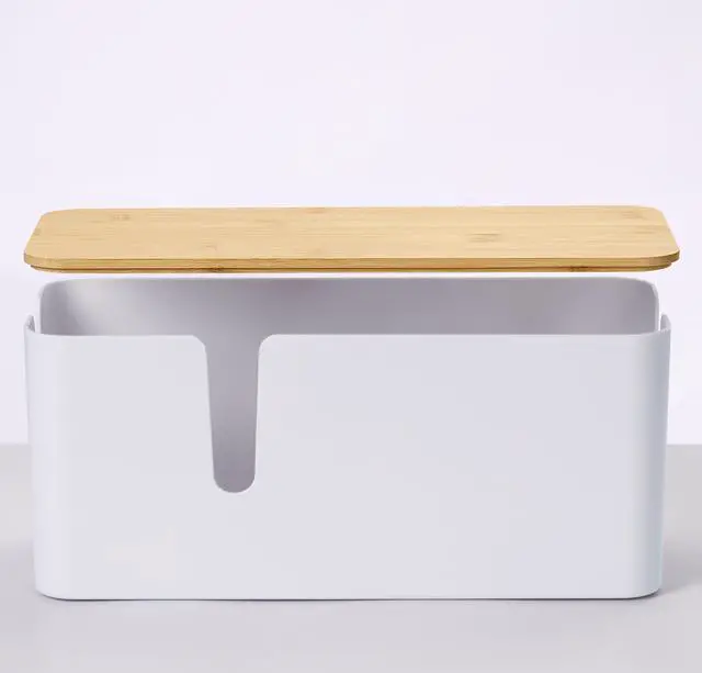 Alt view image 4 of 7 - Bamboo Lid Cord Organizer Box, Safe ABS Cable Management Box for TV and Computer, Wood Cover Cord Hider to Hide Wires, Router, USB Hub & Under Desk Power Strip, 1 Pack L13.1 xW5.6 xH5.6 White