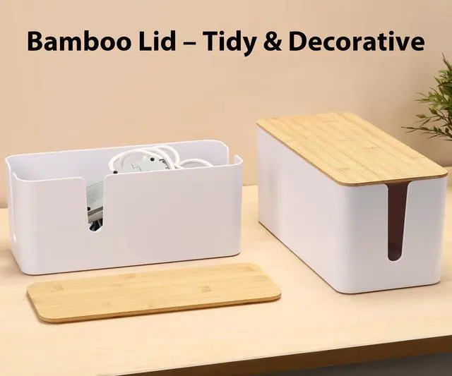 Alt view image 6 of 7 - Bamboo Lid Cord Organizer Box, Safe ABS Cable Management Box for TV and Computer, Wood Cover Cord Hider to Hide Wires, Router, USB Hub & Under Desk Power Strip, 1 Pack L13.1 xW5.6 xH5.6 White