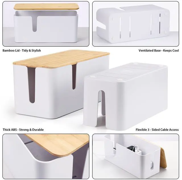 Alt view image 7 of 7 - Bamboo Lid Cord Organizer Box, Safe ABS Cable Management Box for TV and Computer, Wood Cover Cord Hider to Hide Wires, Router, USB Hub & Under Desk Power Strip, 1 Pack L13.1 xW5.6 xH5.6 White