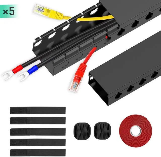 Alt view image 7 of 7 - Updated Cable Raceway Kit - 77 (5x15.4) Inch Open Slot Wire Covers for Cords, Under Desk Cable Management System to Hide Under Desk/Tv/Computer/Net/Power Cords, (Pack 5)