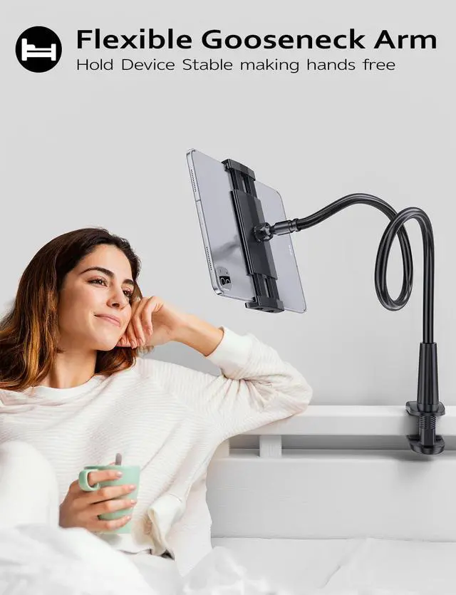 Alt view image 3 of 6 - Gooseneck Kindle&Tablet Holder for Bed Hands-Free Reading on Bed Headboard for iPad, Kindle, and Switch, Flexible 30in Al-Mg Alloy Clamp Arm Stand for Tablets 4.7-10.5 in, Phone - Black - 30in