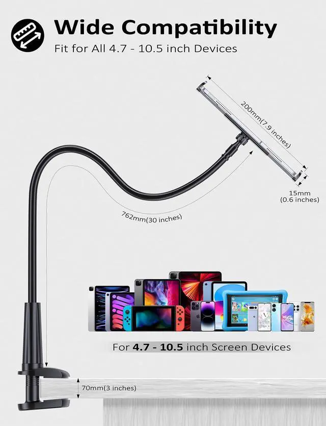 Alt view image 5 of 6 - Gooseneck Kindle&Tablet Holder for Bed Hands-Free Reading on Bed Headboard for iPad, Kindle, and Switch, Flexible 30in Al-Mg Alloy Clamp Arm Stand for Tablets 4.7-10.5 in, Phone - Black - 30in