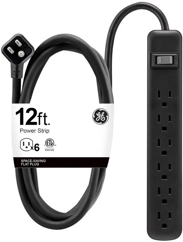 Main image of 6 Outlet Power Strip, 12 Ft Long Extension Cord, 3 Prong Outlets, UL Listed, Black, 45192