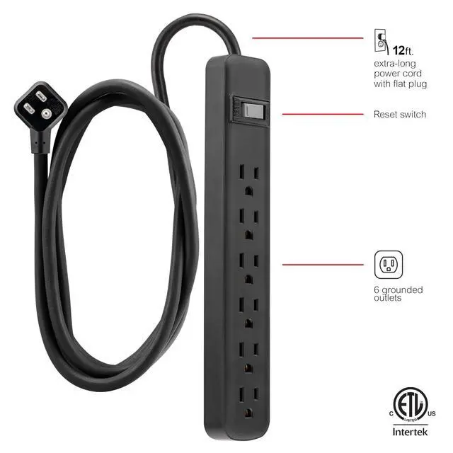 Alt view image 2 of 7 - 6 Outlet Power Strip, 12 Ft Long Extension Cord, 3 Prong Outlets, UL Listed, Black, 45192