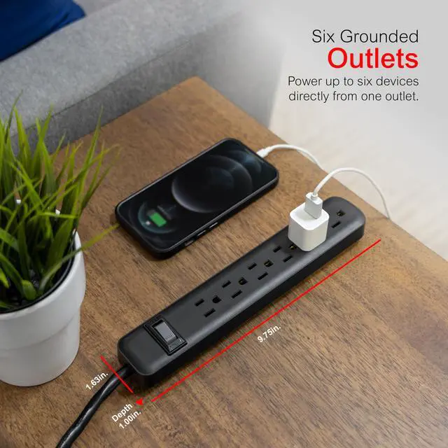 Alt view image 3 of 7 - 6 Outlet Power Strip, 12 Ft Long Extension Cord, 3 Prong Outlets, UL Listed, Black, 45192