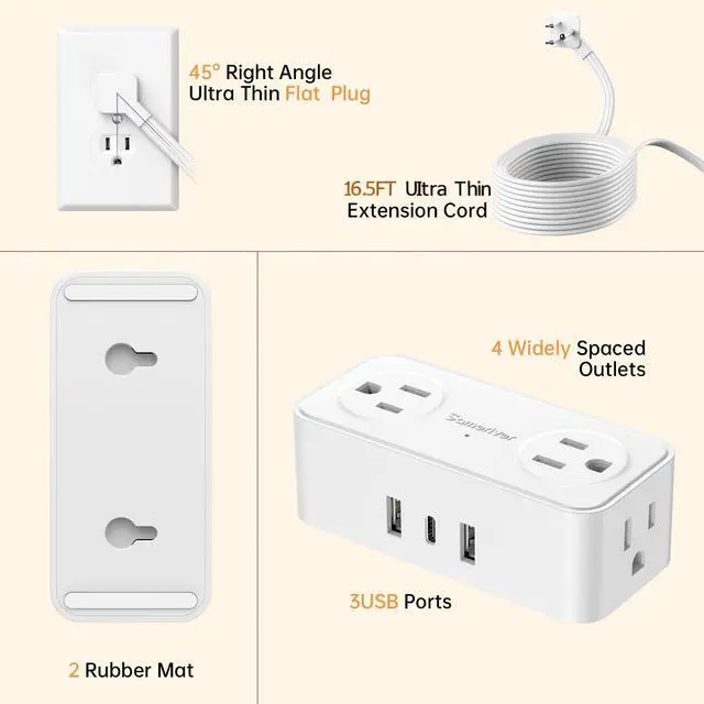 Alt view image 3 of 7 - Thin Flat Extension Cord with USB C, Small Flat Plug Power Strip with 4 AC Outlets 3 USB (1 USB C), 6.5FT Small Power Strip Wall Mountable Cruise Ship, Travel, Home (White, 16.5 FT)