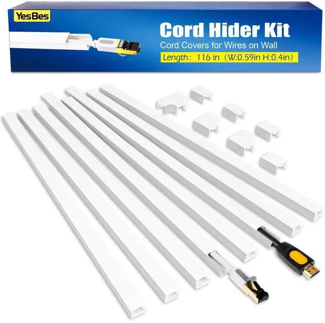 Main image of 116in Cord Hider Kit, Cord Covers for Wires on Wall, Cord Hider for Wall Mount tv, Paintable Cable Raceway, tv Cable Hider Wall kit, Wire Covers for Cords, W0.59in X H0.4in, White