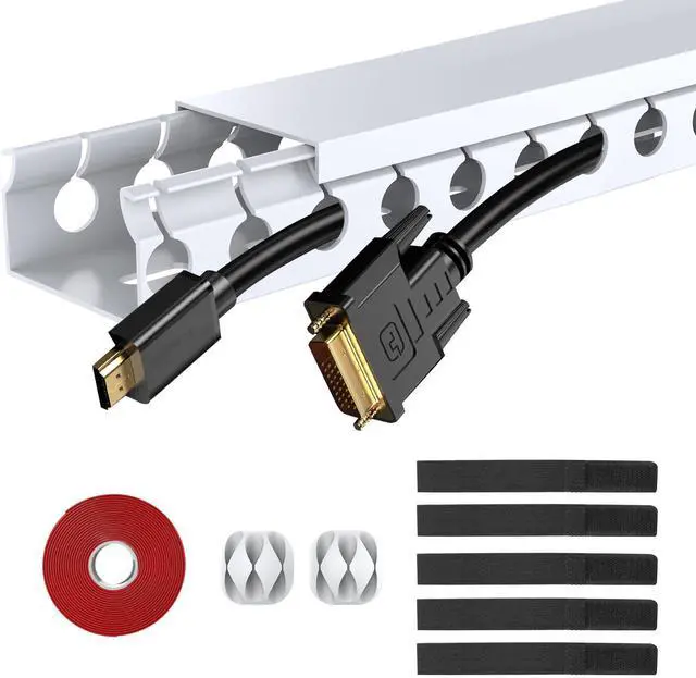 Main image of Updated White Cable Raceway Kit, 77 (5x15.5) inch Open Slot Wire Covers for Cords, Cable Management System to Hide Under Desk/TV/Computer/Net/Power Cords(Pack 5)