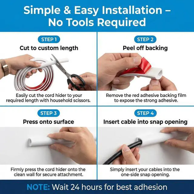 Alt view image 6 of 7 - Cord Hider Wall for 1-2 Cables, 118" Self Adhesive Silicone Cord Covers for Wires On Wall, Flexible Wire Covers for Cords On Wall, Cable Cover Raceway for Home, Office, White (0.6" W x 0.47" H)