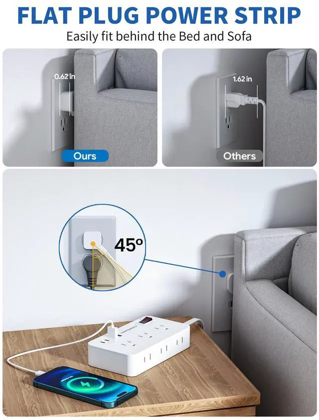 Alt view image 3 of 7 - Surge Protector Power Strip - 5Ft Braided Extension Cord Flat Plug with 6 Outlets and 2 USB-A 2 USB-C Ports, 1080 Joules Wall Mounted Charging Station for Office Home ETL (10 FT)