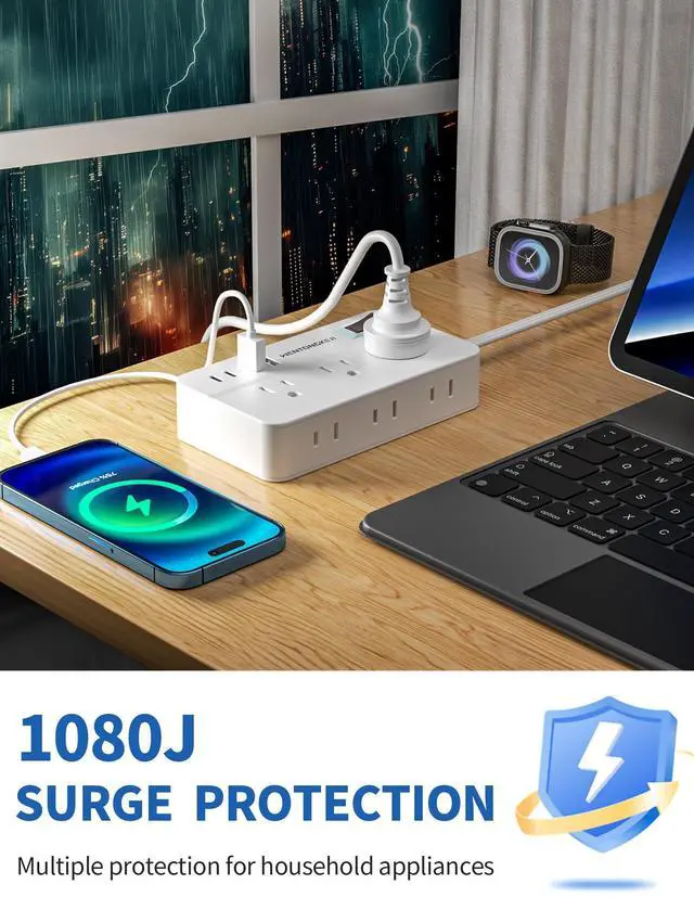 Alt view image 4 of 7 - Surge Protector Power Strip - 5Ft Braided Extension Cord Flat Plug with 6 Outlets and 2 USB-A 2 USB-C Ports, 1080 Joules Wall Mounted Charging Station for Office Home ETL (10 FT)