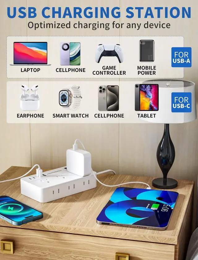 Alt view image 5 of 7 - Surge Protector Power Strip - 5Ft Braided Extension Cord Flat Plug with 6 Outlets and 2 USB-A 2 USB-C Ports, 1080 Joules Wall Mounted Charging Station for Office Home ETL (10 FT)