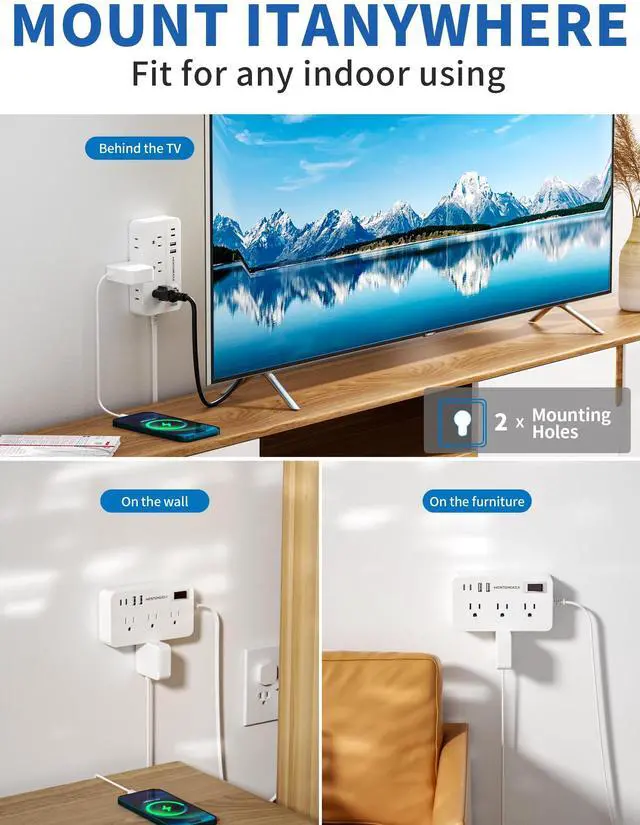 Alt view image 7 of 7 - Surge Protector Power Strip - 5Ft Braided Extension Cord Flat Plug with 6 Outlets and 2 USB-A 2 USB-C Ports, 1080 Joules Wall Mounted Charging Station for Office Home ETL (10 FT)
