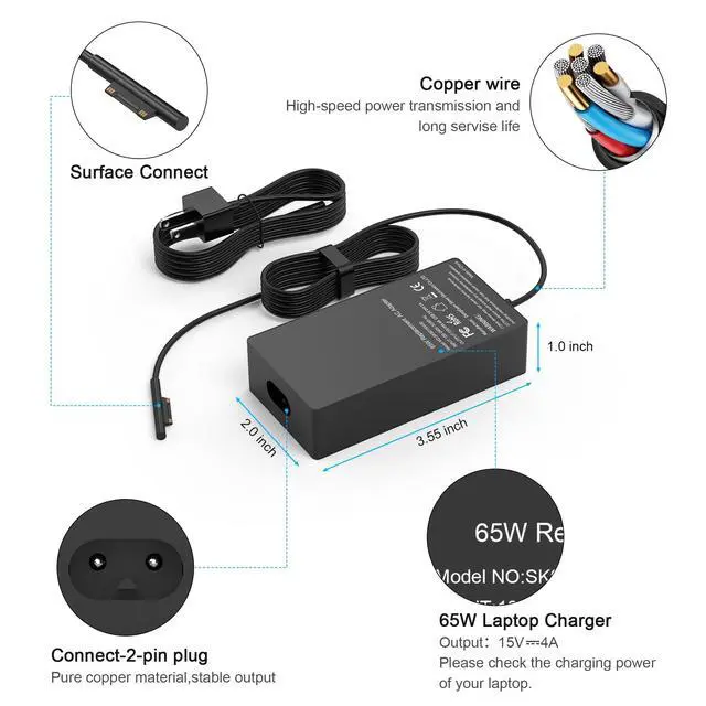 Alt view image 2 of 7 - Compatible with Microsoft Surface Charger,65W Surface Pro Charger,Compatible with Surface Pro 11,9,8,7,6,5,4,3,X Surface Laptop 7,6,5,4,3,2,1 Surface Go 3,2,1 Surface Book 3,2,1 and More