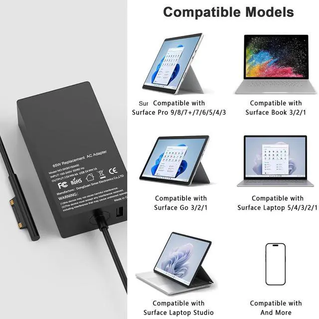 Alt view image 6 of 7 - Compatible with Microsoft Surface Charger,65W Surface Pro Charger,Compatible with Surface Pro 11,9,8,7,6,5,4,3,X Surface Laptop 7,6,5,4,3,2,1 Surface Go 3,2,1 Surface Book 3,2,1 and More