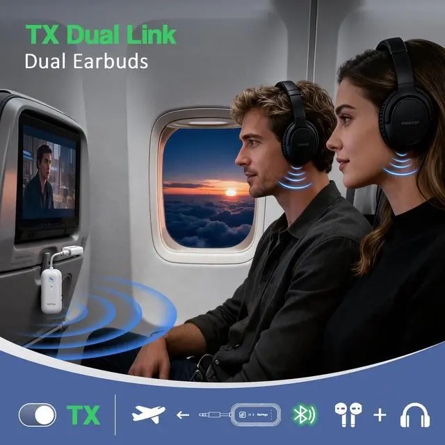 Alt view image 2 of 7 - 2026 Upgraded Airplane Bluetooth 5.4 Transmitter Bluetooth Adapter, Airplane Travel Essentials Supports 2 AirPods or Headphones, 2-in-1 AUX Wireless Transmitter Receiver for TV, Car, White