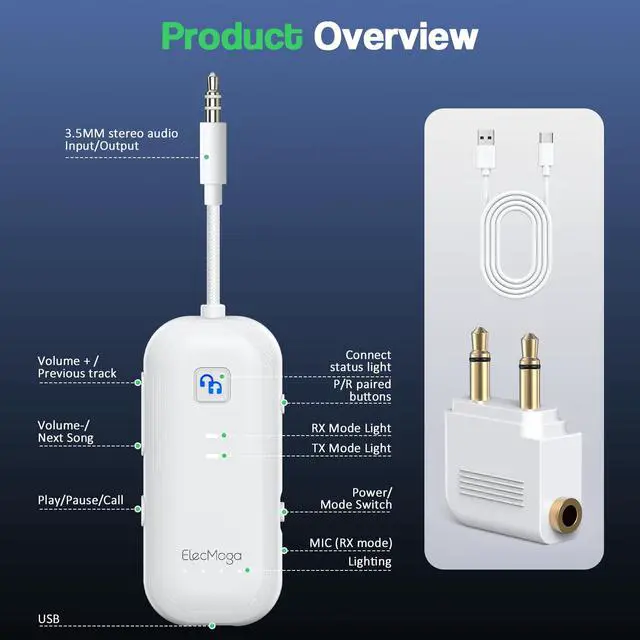 Alt view image 5 of 7 - 2026 Upgraded Airplane Bluetooth 5.4 Transmitter Bluetooth Adapter, Airplane Travel Essentials Supports 2 AirPods or Headphones, 2-in-1 AUX Wireless Transmitter Receiver for TV, Car, White
