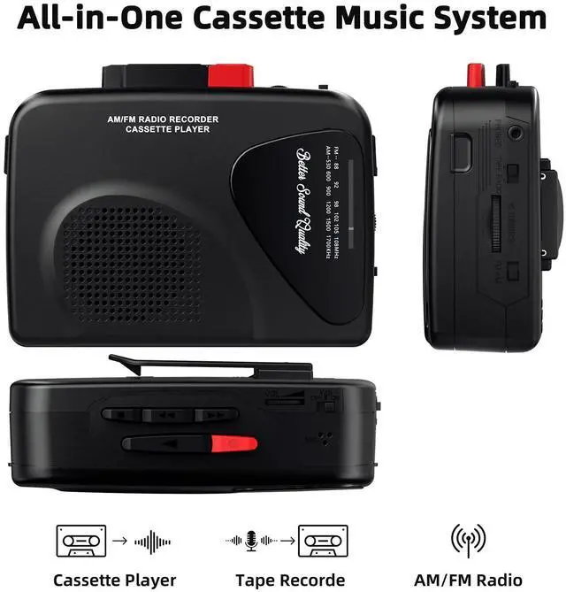 Alt view image 2 of 6 - Cassette Player Tape Recorders AM/FM Radio, Portable Tape Player Records Built in Speakers Manual Record - 2AA Battery Or DC 5V Supply with 3.5MM Earphone- Black