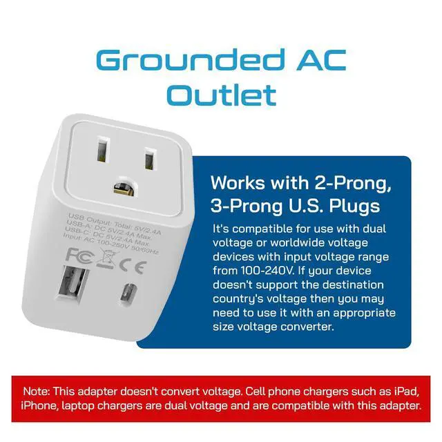 Alt view image 3 of 7 - Japan, Philippines Travel Adapter Plug with USB-A + USB-C - Usa Input - Type A - Ultra Compact (CTU-6) - Perfect for Cell Phones, Laptops, Camera Chargers