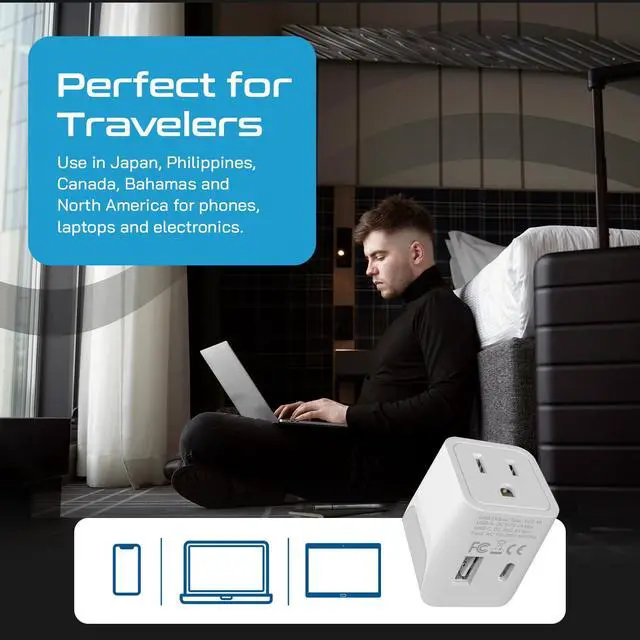 Alt view image 5 of 7 - Japan, Philippines Travel Adapter Plug with USB-A + USB-C - Usa Input - Type A - Ultra Compact (CTU-6) - Perfect for Cell Phones, Laptops, Camera Chargers