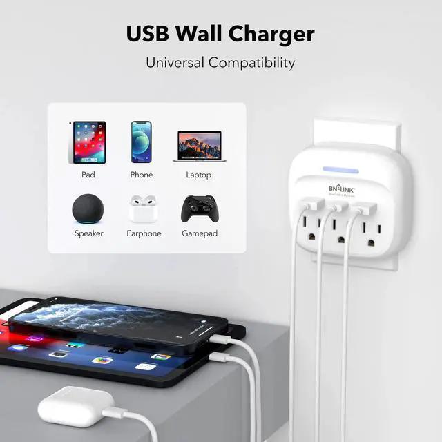 Alt view image 2 of 7 - Multi Plug Outlet Extender with USB, Surge Protector Outlet with 3 AC Outlet Splitter and 3 USB Ports (1 USB C), Multi Plug Wall Outlet for Dorm, School, Travel, Office, Home, Travel, 1 Pack