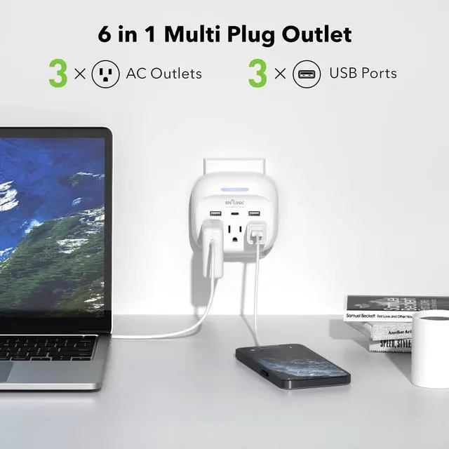 Alt view image 3 of 7 - Multi Plug Outlet Extender with USB, Surge Protector Outlet with 3 AC Outlet Splitter and 3 USB Ports (1 USB C), Multi Plug Wall Outlet for Dorm, School, Travel, Office, Home, Travel, 1 Pack