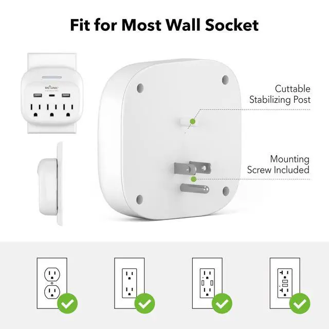 Alt view image 4 of 7 - Multi Plug Outlet Extender with USB, Surge Protector Outlet with 3 AC Outlet Splitter and 3 USB Ports (1 USB C), Multi Plug Wall Outlet for Dorm, School, Travel, Office, Home, Travel, 1 Pack