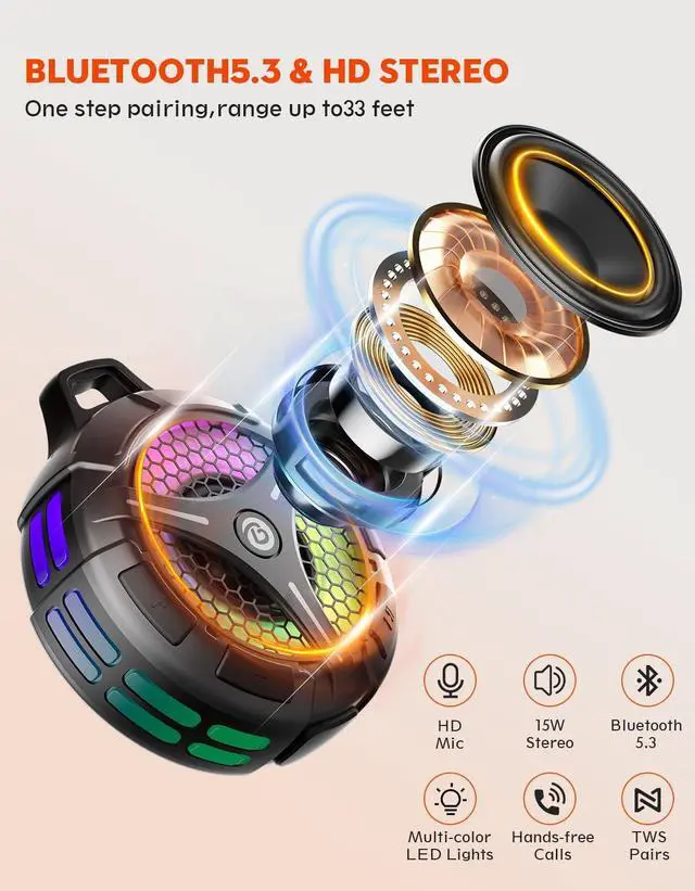 Alt view image 2 of 7 - Waterproof Bluetooth Shower Speaker with Suction Cup, IPX7 Bathroom Speaker, 15W Loud Stereo Sound, Deep Bass, TWS Pairing, RGB Lights, Portable Speaker Gift for Men & Women