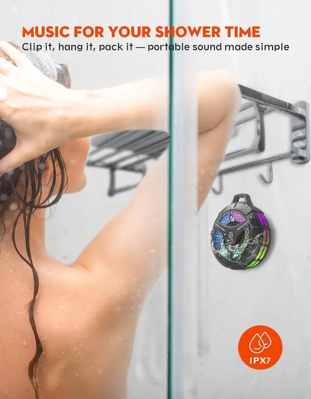 Alt view image 4 of 7 - Waterproof Bluetooth Shower Speaker with Suction Cup, IPX7 Bathroom Speaker, 15W Loud Stereo Sound, Deep Bass, TWS Pairing, RGB Lights, Portable Speaker Gift for Men & Women