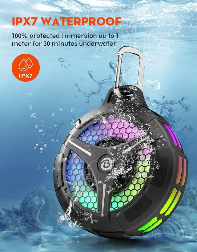 Alt view image 5 of 7 - Waterproof Bluetooth Shower Speaker with Suction Cup, IPX7 Bathroom Speaker, 15W Loud Stereo Sound, Deep Bass, TWS Pairing, RGB Lights, Portable Speaker Gift for Men & Women
