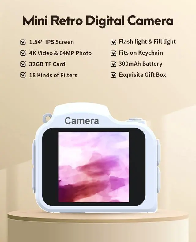 Alt view image 2 of 7 - Mini Keychain Camera 4K Mini Camera with 32GB Card & Elegant Gift Box, Mini Retro Camera for Kids & Adults, Collectible Vintage Camera Gift for Travel Camp Snap, Birthdays & Stocking Stuff