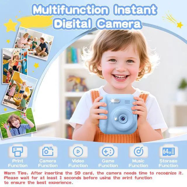 Alt view image 2 of 7 - Kids Camera Instant Print, Toddler Toys Christmas Birthday Gifts for Girls Boys, Portable Digital Camera 64GB SD Card, Kid Toy for Ages 3-12 Girl Xmas Gift for 3 4 5 6 7 8 9 10 Year Old, Pink (Blue)