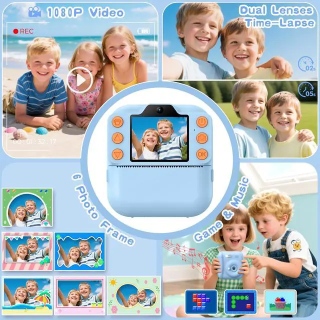 Alt view image 3 of 7 - Kids Camera Instant Print, Toddler Toys Christmas Birthday Gifts for Girls Boys, Portable Digital Camera 64GB SD Card, Kid Toy for Ages 3-12 Girl Xmas Gift for 3 4 5 6 7 8 9 10 Year Old, Pink (Blue)