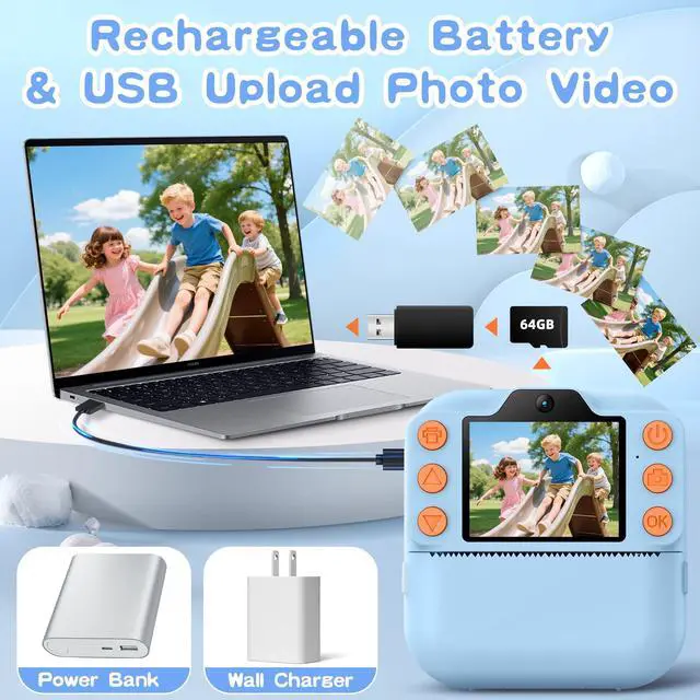 Alt view image 6 of 7 - Kids Camera Instant Print, Toddler Toys Christmas Birthday Gifts for Girls Boys, Portable Digital Camera 64GB SD Card, Kid Toy for Ages 3-12 Girl Xmas Gift for 3 4 5 6 7 8 9 10 Year Old, Pink (Blue)