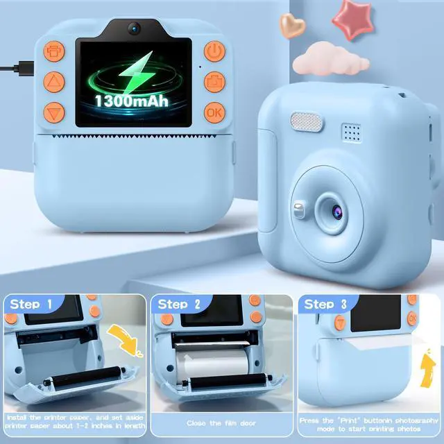 Alt view image 7 of 7 - Kids Camera Instant Print, Toddler Toys Christmas Birthday Gifts for Girls Boys, Portable Digital Camera 64GB SD Card, Kid Toy for Ages 3-12 Girl Xmas Gift for 3 4 5 6 7 8 9 10 Year Old, Pink (Blue)