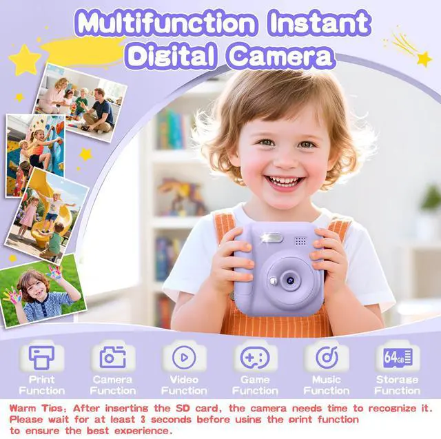 Alt view image 2 of 7 - Kids Camera Instant Print, Toddler Toys Christmas Birthday Gifts for Girls Boys, Portable Digital Camera 64GB SD Card, Kid Toy for Ages 3-12 Girl Xmas Gift for 3 4 5 6 7 8 9 10 Year Old (Purple)