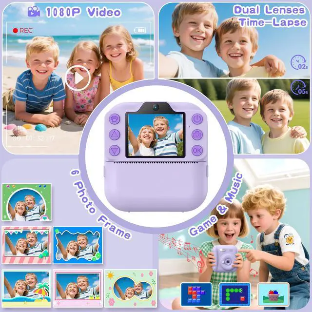 Alt view image 3 of 7 - Kids Camera Instant Print, Toddler Toys Christmas Birthday Gifts for Girls Boys, Portable Digital Camera 64GB SD Card, Kid Toy for Ages 3-12 Girl Xmas Gift for 3 4 5 6 7 8 9 10 Year Old (Purple)