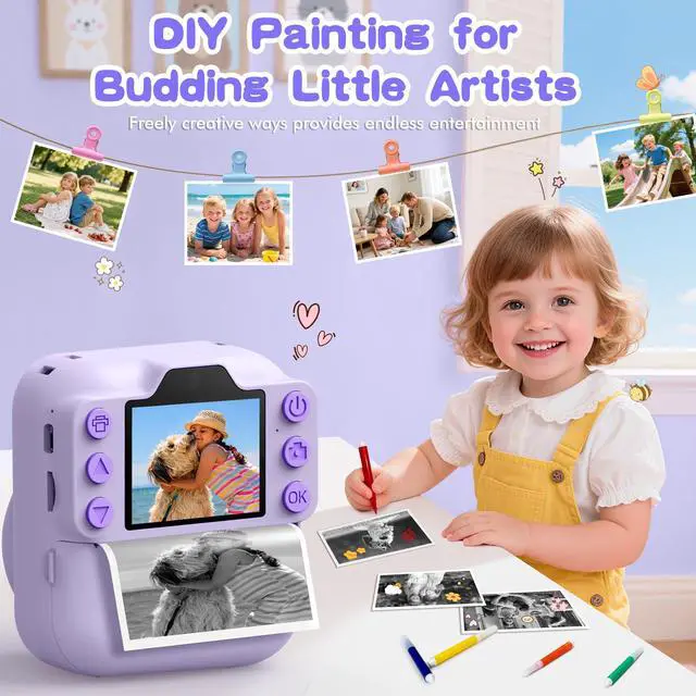 Alt view image 4 of 7 - Kids Camera Instant Print, Toddler Toys Christmas Birthday Gifts for Girls Boys, Portable Digital Camera 64GB SD Card, Kid Toy for Ages 3-12 Girl Xmas Gift for 3 4 5 6 7 8 9 10 Year Old (Purple)